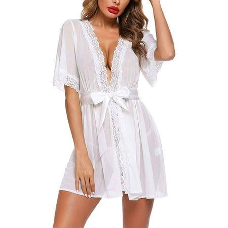 

Kiapeise Women Sexy Lingerie Lace Sheer Short Sleeves Night Robe + Thongs