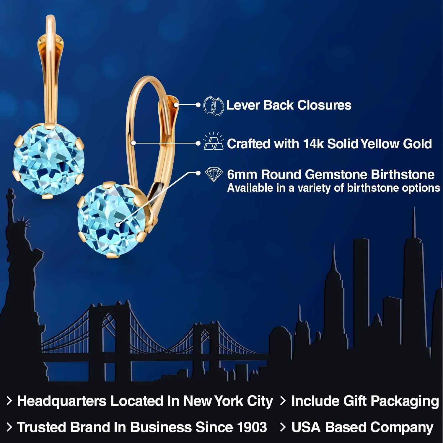 Gem Stone King 14K Yellow Gold 6MM Round Birthstone Gemstone Leverback Dangle Earrings for Women