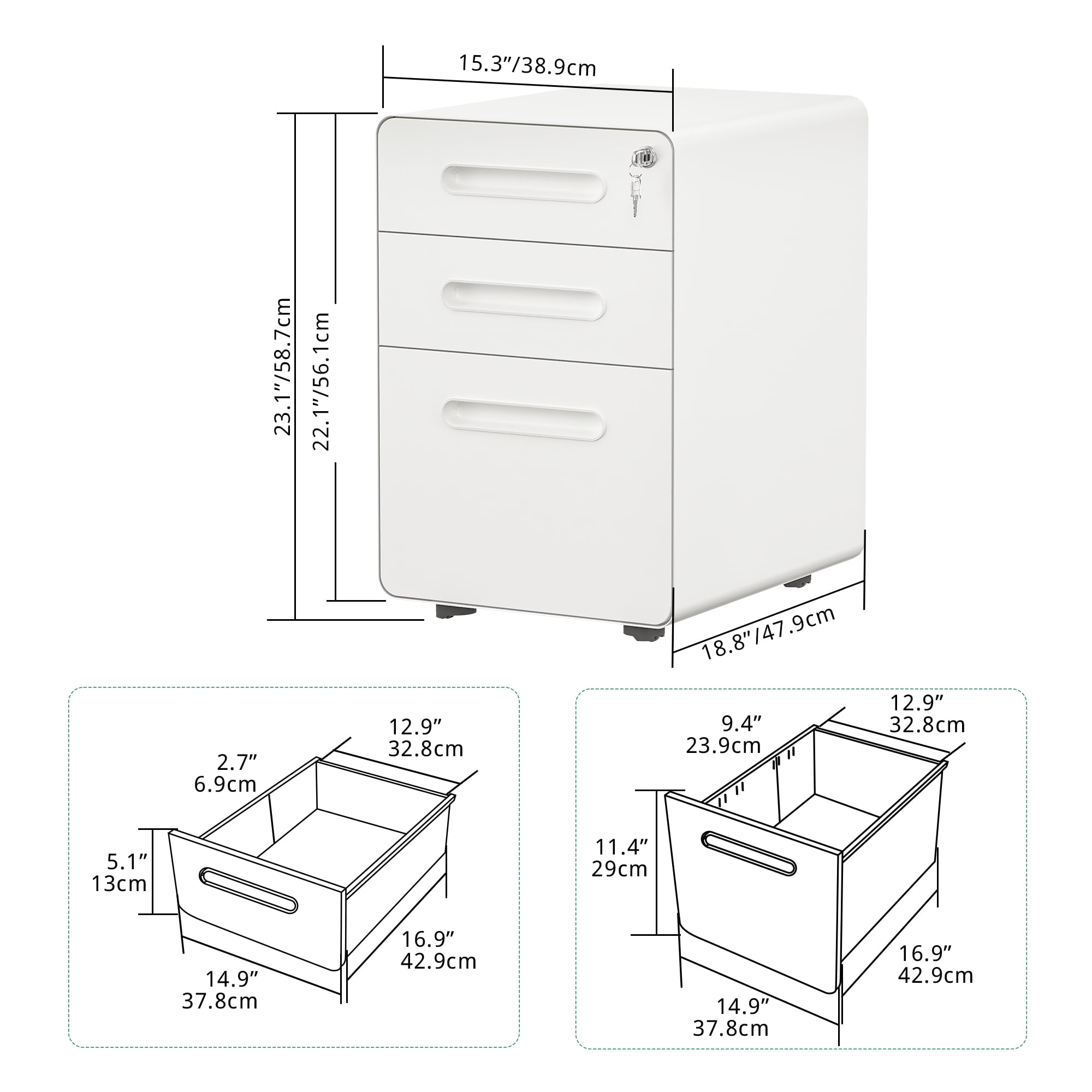 Uforic Mobile File Cabinet with Lock, 3 Drawers, Rolling Design, Suitable for Legal/Letter/A4 Size Documents, Perfect for Home or Office Use, Pre-Assembled and Finished in White