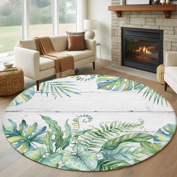 Tropical Leaves Round Area Rug 6Ft Washable Circle Rugs for Bathroom Office, Green Monstera Palm Leaves Summer Wood Gray Non-Slip Carpet Floor Mats Indoor Outdoor Carpet Runner Aesthetic Home Decor