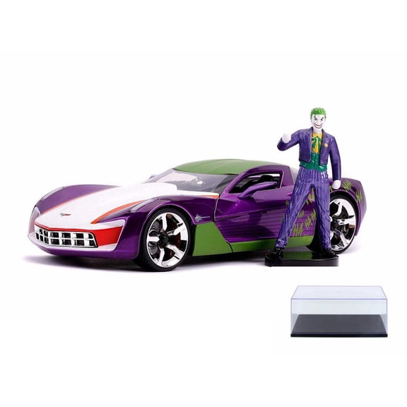 Diecast Car w/Display Case - 2009 Chevy Corvette Stingray with The Joker Diecast Figure, Purple and Green - Jada 31199/4 - 1/24 scale Diecast Model Toy Car