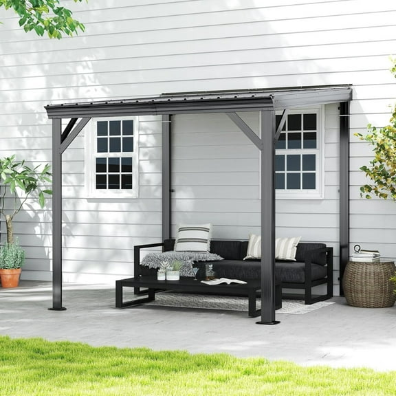 8'x 8' Lean to Gazebo with Drainage System, Wall Mounted Gazebo Pergola with Sloped Roof, Hard Top Heavy Duty Awnings for Backyard, Deck, Patio