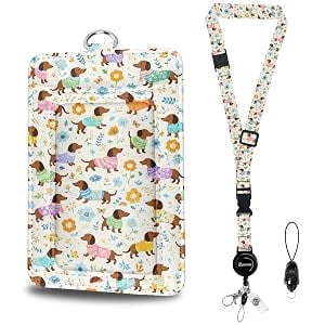Cute Dachshund Badge Holder with Lanyard, Durable RFID Id Badge Holder, Retractable & Adjustable Lanyard, Leather Id Name Card Holders for Women, Teachers, Nurses, Office Workers Gifts