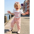thumbnail image 4 of Loicainy Baby Toddler Girl Summer Outfits 3 6 12 18 Months Letter Print Short Sleeve Round Neck Romper Bow Pattern Pants Headband 3 Pcs Clothes Set, 4 of 9