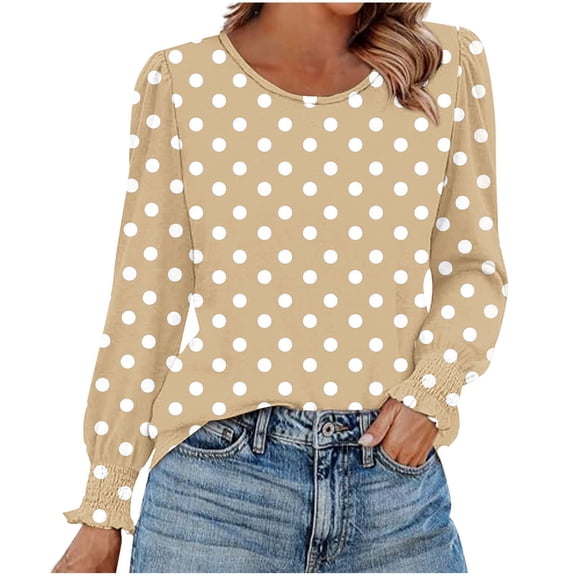 Miluxas Womens Casual Long Sleeve T-Shirts Round Neck Polka Dot Print Tops Trendy Loose Fit Blouses Khaki XL(XL)