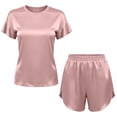 thumbnail image 5 of IROINNID Women's Satin 2 Piece Pajama Set,Ruffle Short Sleeve Round Neck Top,Adjustable Drawstring Side Slit Shorts,Breathable Cool Solid Sleepwear for Summer Casual Home Wear, 5 of 6