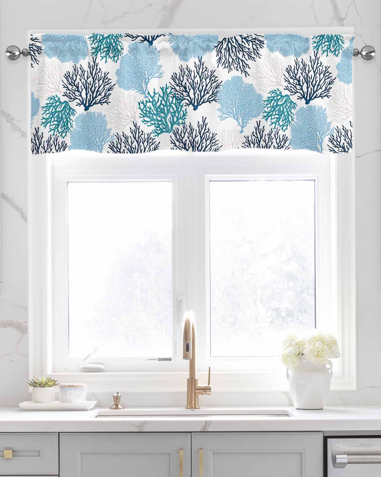 Navy Blue Coastal Kitchen Valances for Windows Farmhouse Linen Window Valance Curtain for Living Room Window Treatment Turquoise Coral Ocean Modern Sea Valance Rod Pocket Topper Drape, 42 x 12 Inch