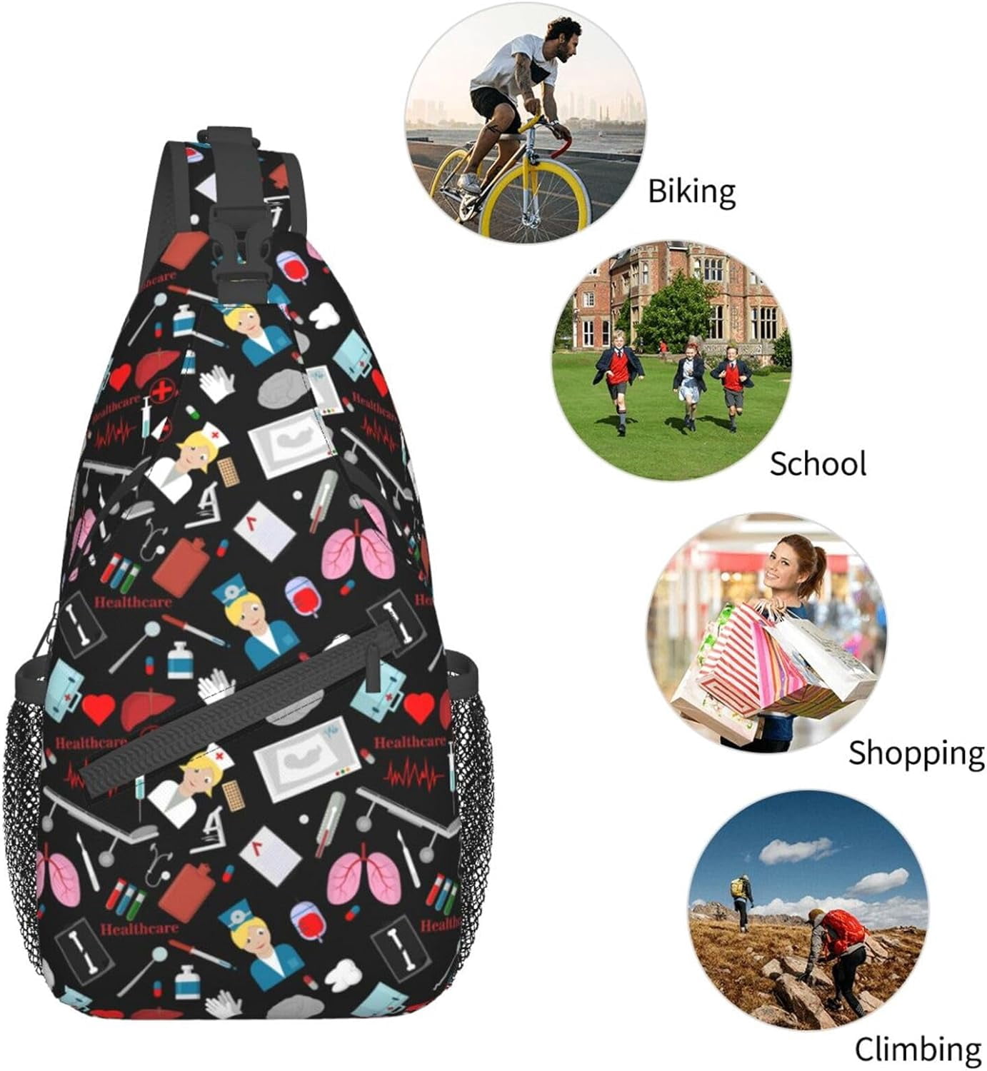 Nurse Medical Theme Sling Bag Crossbody Hiking Travel Chest Bags Backpack Shoulder Daypack for Women Men