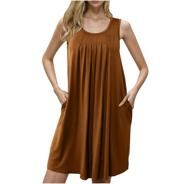 yoeyez Robes d'Été Grande Taille pour Femmes Col Rond Plissées Robes Débardeur Pliantes avec Poches Sans Manches Couleur Unie Robe de Nuit Douce en Coton Chemise de Nuit Brun,m