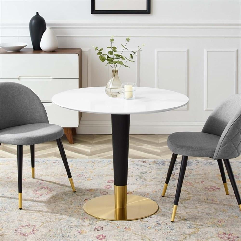 Modway Zinque 35.5" Round Modern Wood/Stainless Steel Dining Table in White/Gold