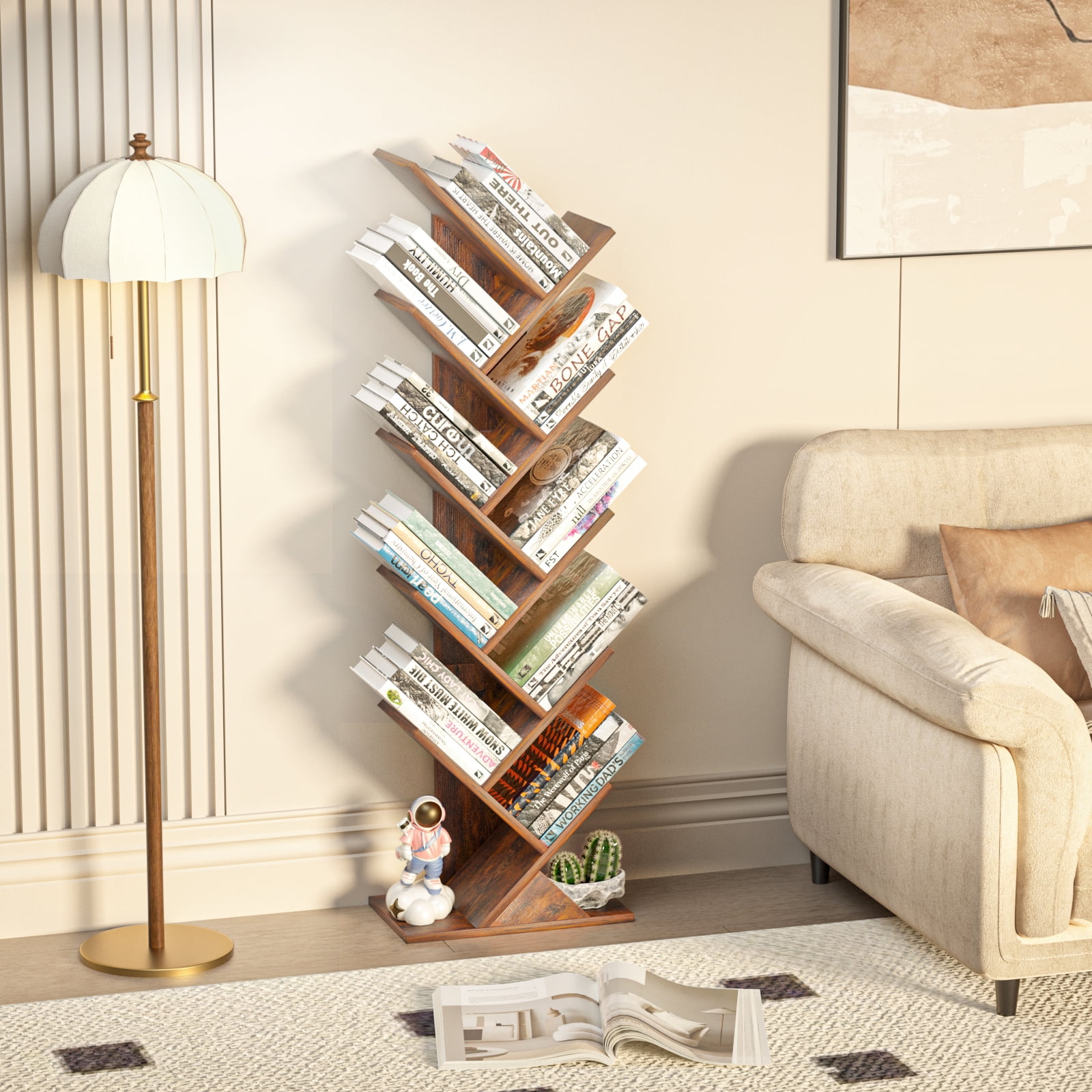 LELELINKY 10-tier Tree Bookshelf, Free-standing Storage Bookcase, Tall Bookshelf, Shelves for Living Room, Home Office, Bedroom, Balcony - Brown