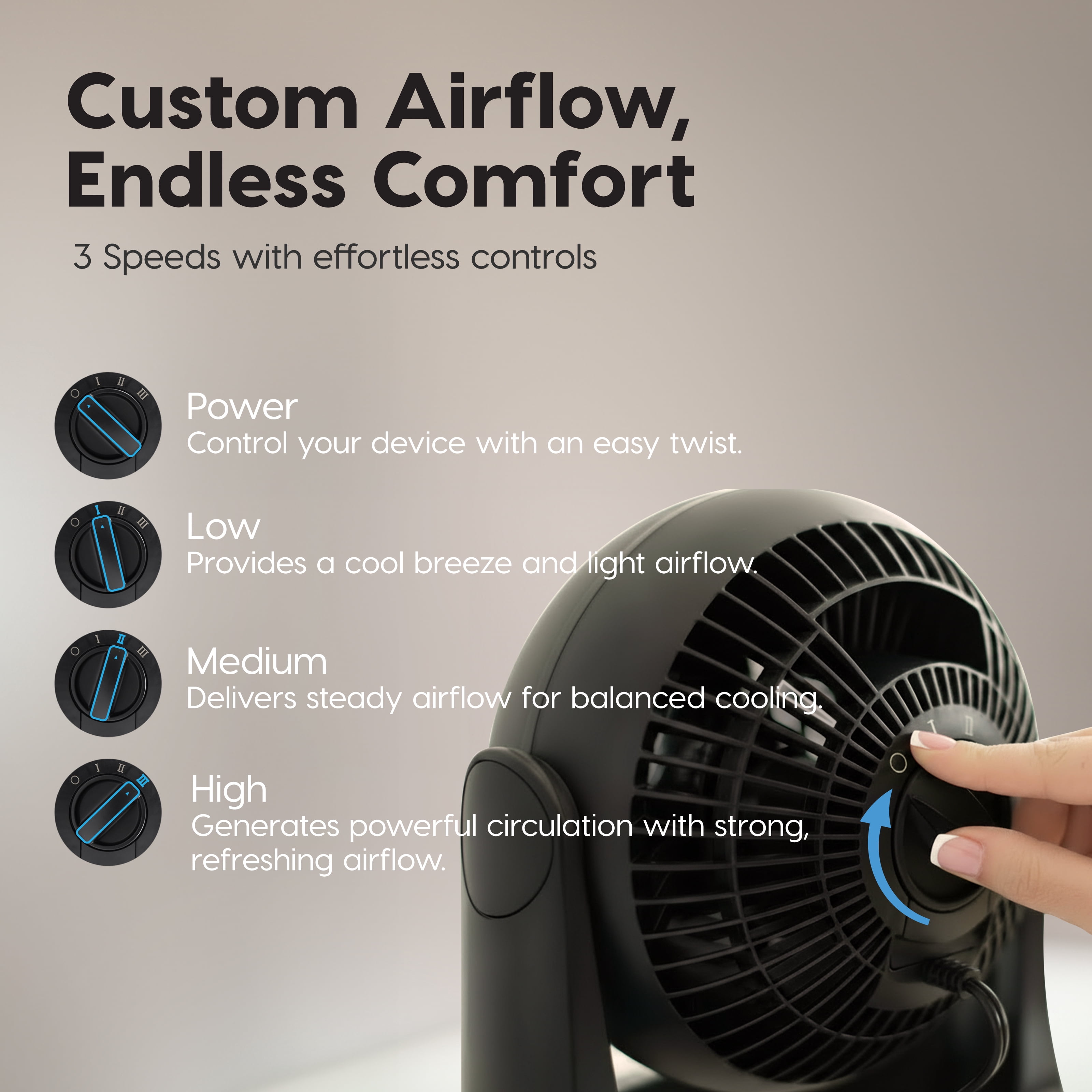 IRIS WOOZOO Desk Fan Air Circulator 3 Speeds 360° Tilt, Black