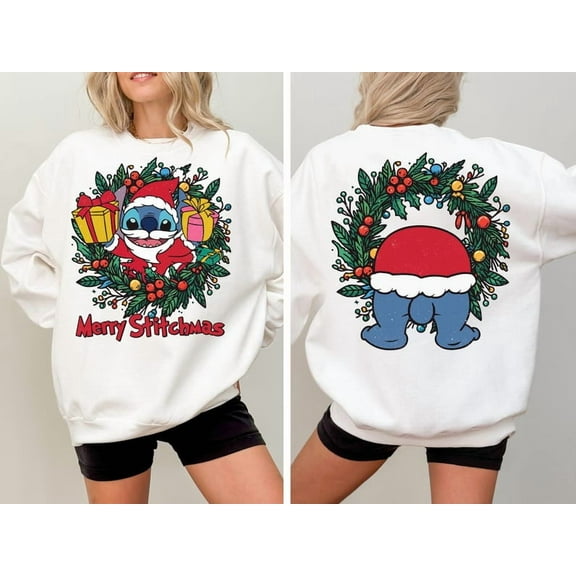 2 sided Disney Merry Stitchmas Stitch Santa Christmas Wreath Shirt, Funny St.itch Xmas Tee, Mickey's Very Merry Christmas Party 2025 Tee
