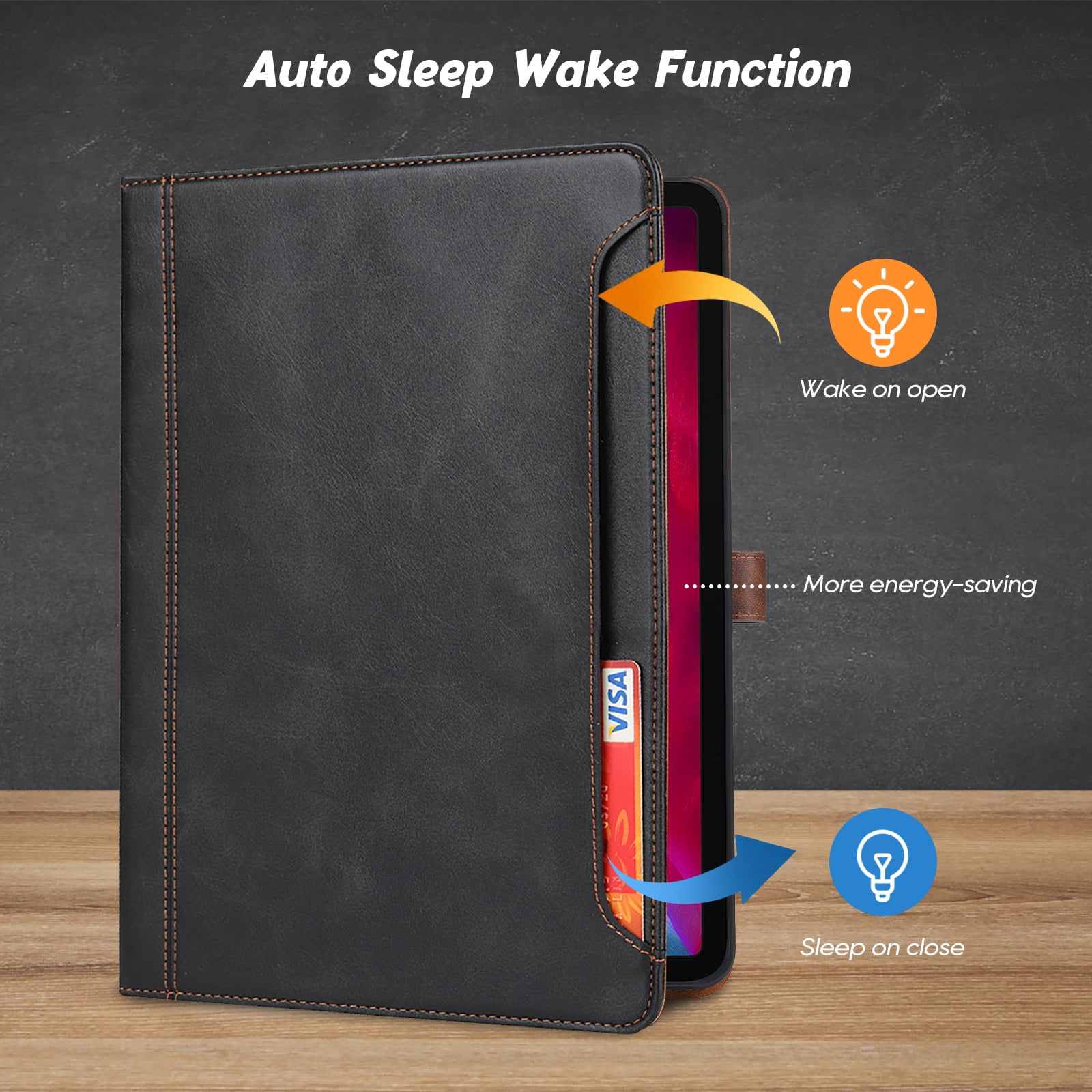 Flip Case for Apple iPad Air 11" 2025 2024/Pro 11 2022/2021/2020/2018/ iPad Air 5th 4th Gen 10.9", Pencil Holder Smart Cover Auto Sleep Wake Protective Documents Pocket Stand Snap Closure,Black
