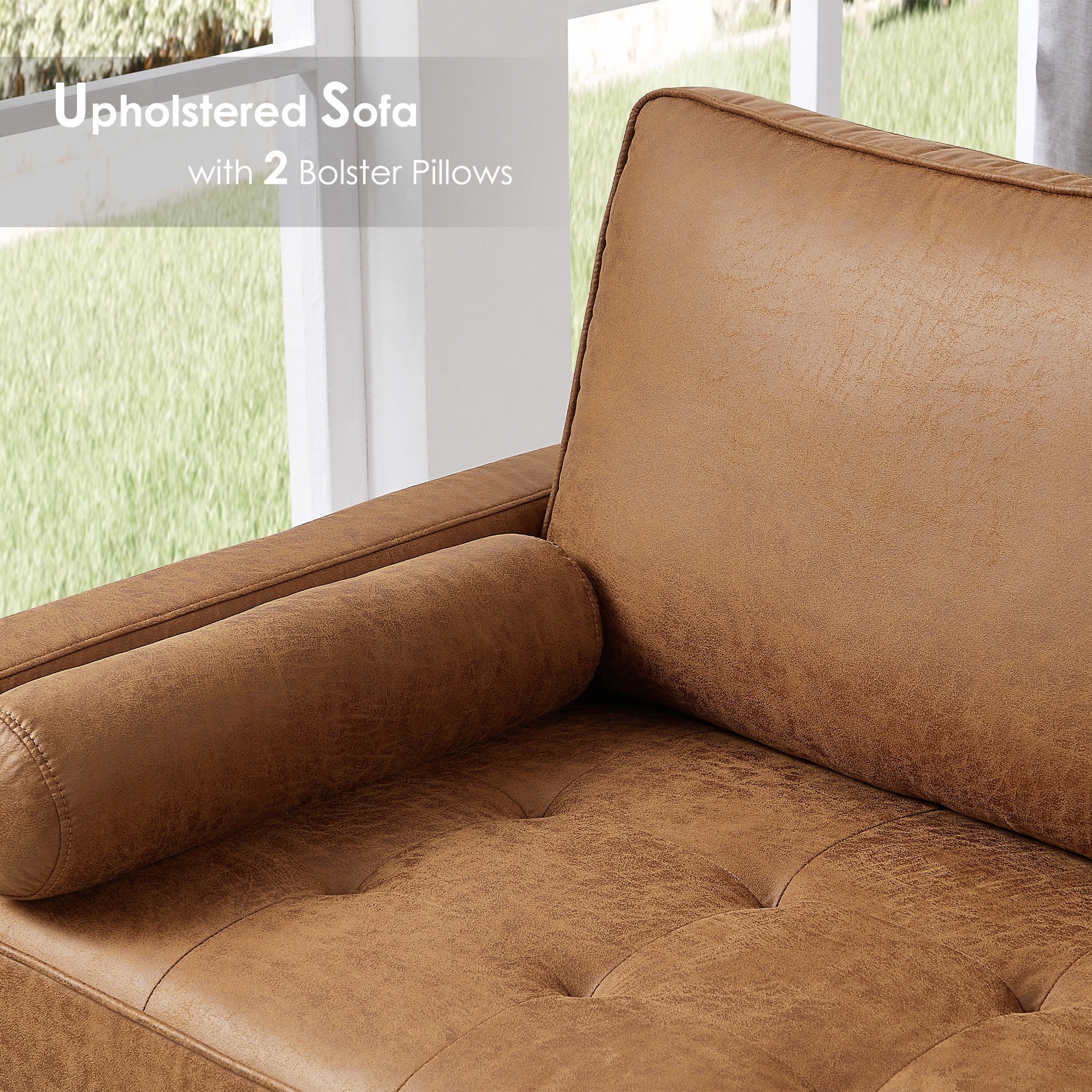 Homfa 2 Seat Leather Sofa with 2 Pillow, 57.5" Mid-Century Modern Loveseat Sofa Upholstered Tufted Couch Small Spaces Furniture for Living Room, Camel