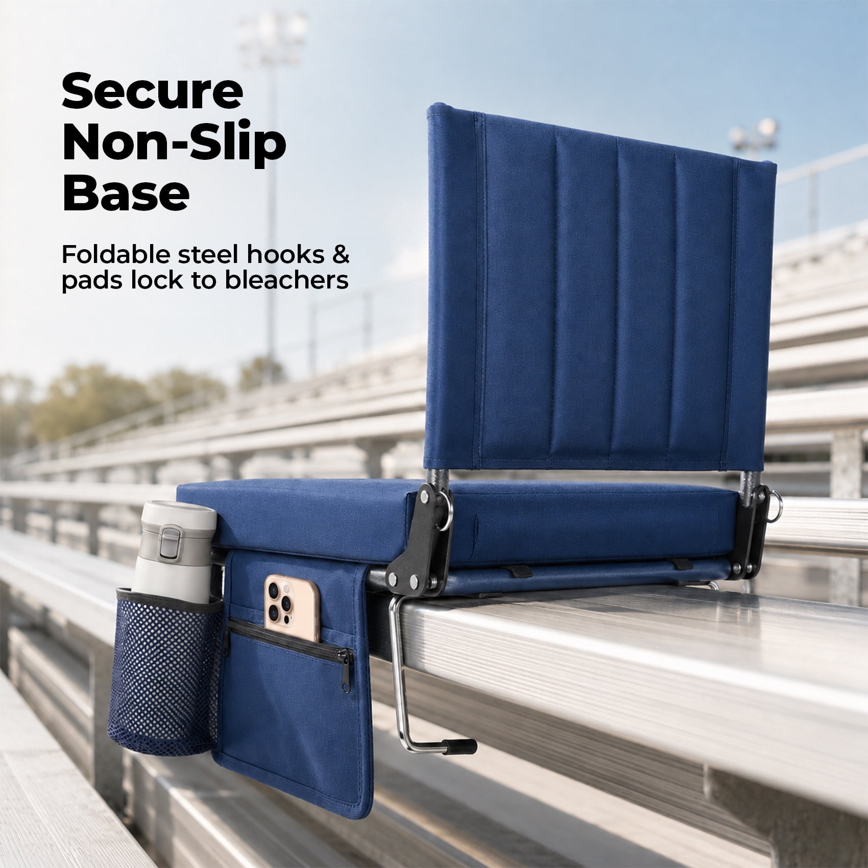 Alvantor Stadium Seat for Bleachers with Back Support, Portable Bleacher Seat with Wide Comfy Padded Cushion, Metal Hook, Folding Stadium Chair with Shoulder Strap, Carry Handle, Cup Holder