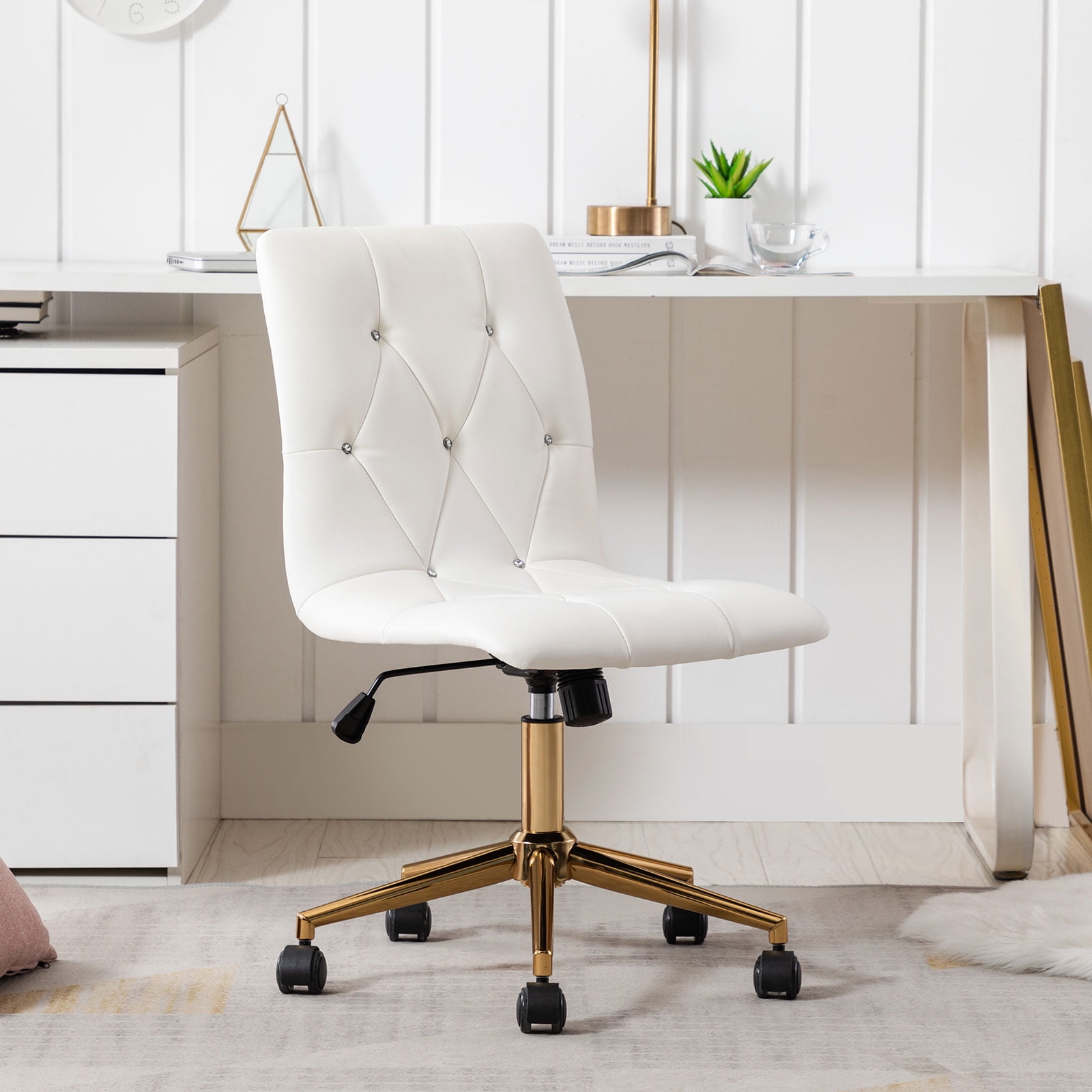 Duhome Office Chair Desk Chair Faux Leather Tufted Computer Chair Bedroom Task Chair Vanity Chair with Wheels for Teen Girls, White and Gold