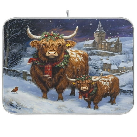 

joogoo Highland Cattle Christmas Dish Drying Mat Kitchen Counter Absorbent Drying Pad 16x18 in Drainer Rack