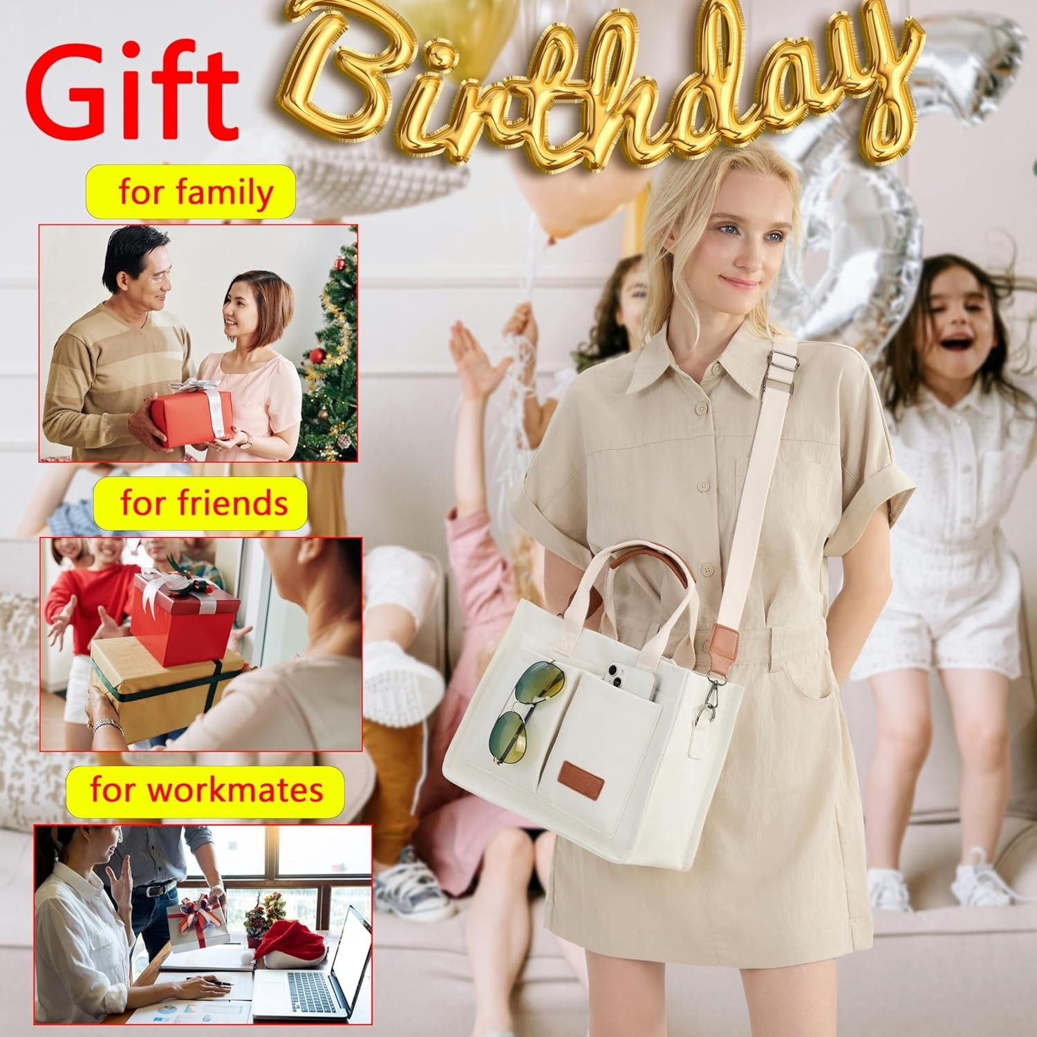 Tote Bag for Women With Compartments,Large Canvas Totes Women's Purse Crossbody Bags Work Laptop Book Bag Shoulder Handbags Khaki
