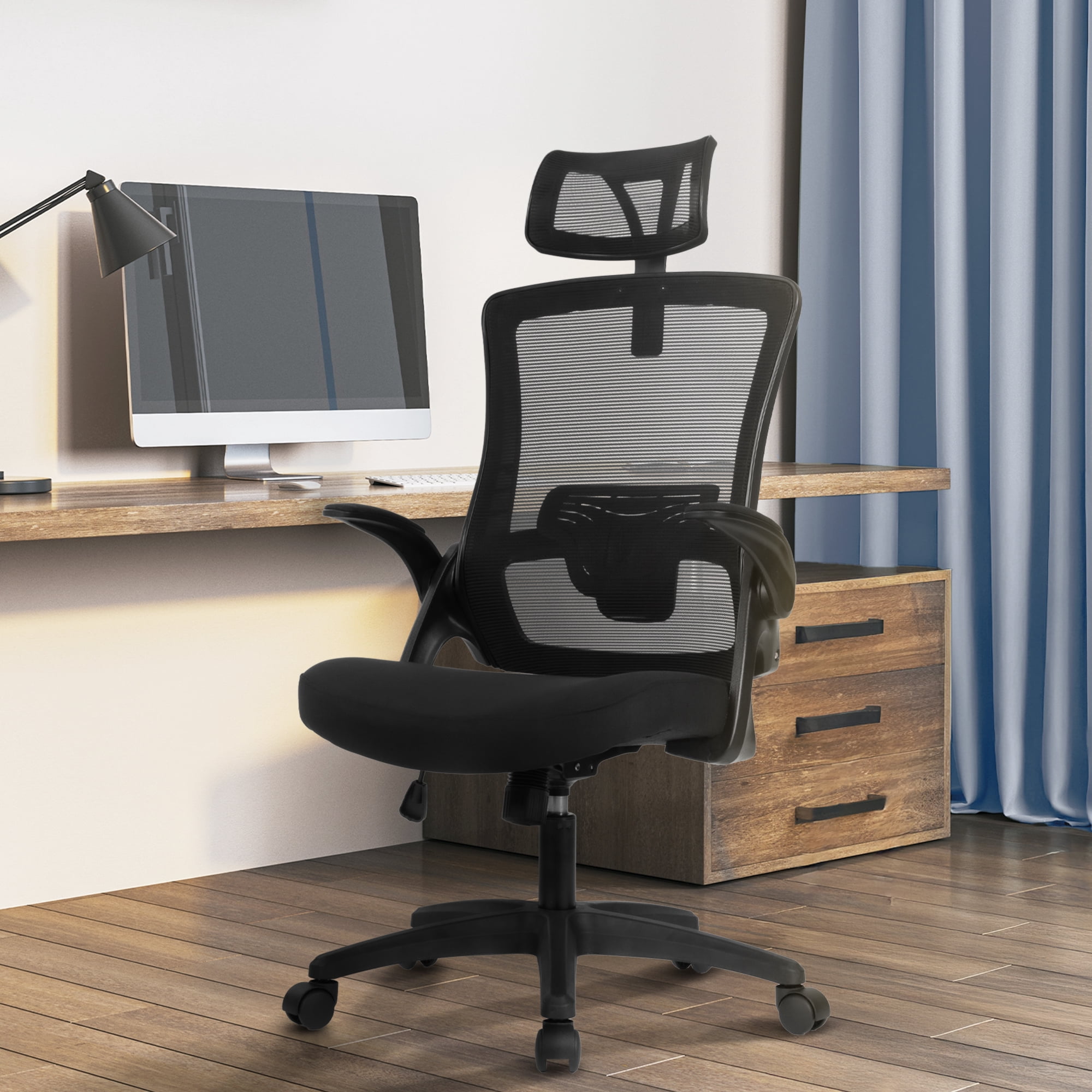 CELTOSS Ergonomic Office Chair, High Back Flip-Up Armrests Design, Adjustable Mesh Headrest and Lumbar Support, Black