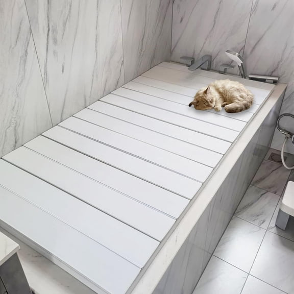 Foldable Bathtub Cover, Bath Tub Tray Waterproof, Folding Bath Covers Insulation Table Dust Board, PVC Shutter Bath Lid Plate for Bathroom Shower (White)
