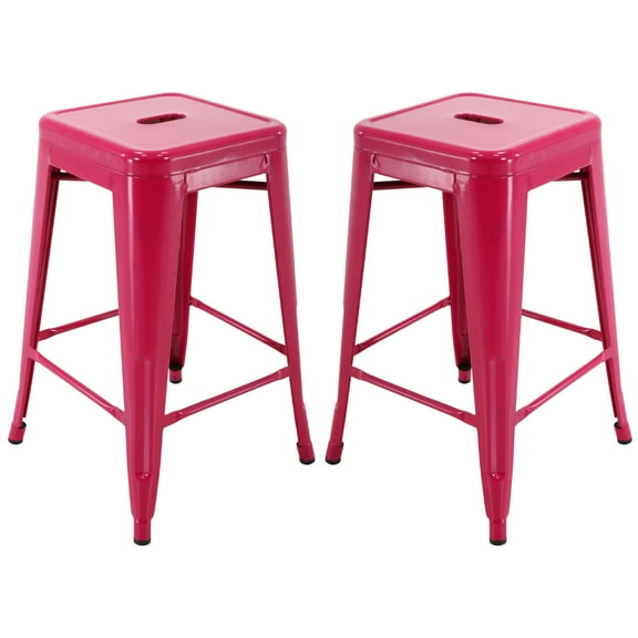 Brage Living Square Backless Metal Stool, Fushia (Set of 2)