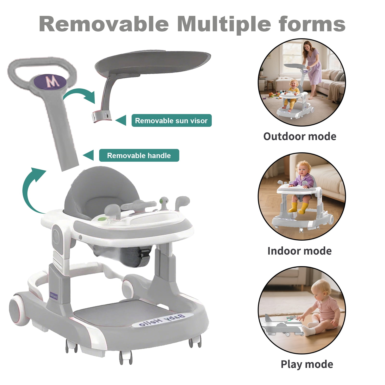 LUOLUO 5-in-1 Foldable Baby Walker with Foot Pads/Handles for Boys and Girls 6-24 Months,Gray