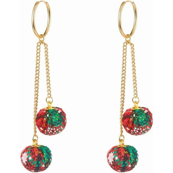 Red Green Pom Pom Ball Drop Dangle Earrings for Women Gold-Toned Christmas Double Round Statement Tassel Chain Dangling Hoop Earring Fashion Lightweight Funny Xmas Festival Huggie Hoops Jewelry