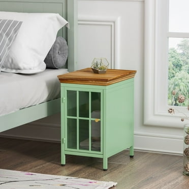 MORIADAD Storage Cabinet & Solid Wood Tabletop, Bedside Table, Sofa Side Coffee Table for Bedroom, Living Room, Green