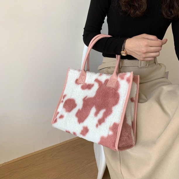 Bolso de mano con estampado de leopardo y vaca para mujer, grande de felpa de piel sintética Vintage