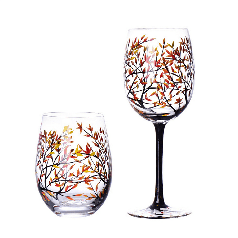 Bird Hand Painted Wine Glasses Tree Branches Falling Leaves Woodland Nature  Stemware Brown Gold Copper Kitchen Decor Autumn Fall Unique Gift 