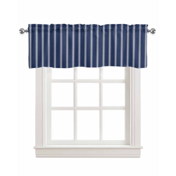 Navy Blue Stripes Linen Curtain Valance for Bedroom/Bathroom/Kitchen/Living/Dining Room Window,Geometric Vertical Striped Modern Minimalist Pocket Topper Drapes Decorative Cafe Drapery Panel 60"x18"