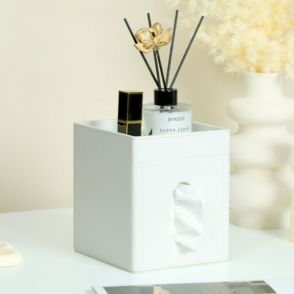 ERDOUY Tissue Box Cover, PU Leather Square Tissue Box Holder with Storage Tray for Bathroom Vanity Countertop Night Stands Bedroom Office Desk, Stylish Tissue Holder Decorative Organizer,White