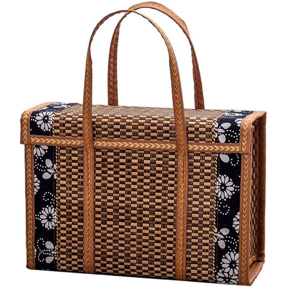 Picnic Woven Basket Wicker Storage Bag Handle Folded Fruit Shopping Food Rattan Grass Foldable Bamboo