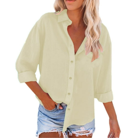 Beige Womens Shirts Linen Women's Spring Summer Solid Color Shirt Long Sleeve Button Down Shirt Loose Fit Vacation Beach Workwear Tops Clothes Going Out Tops for Women