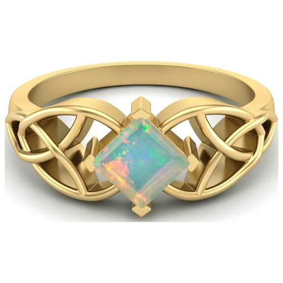 5mm Square Shape Natural Opal 925 Silver Gold Vermeil Celtic Women Valentines Day Gifts Ring