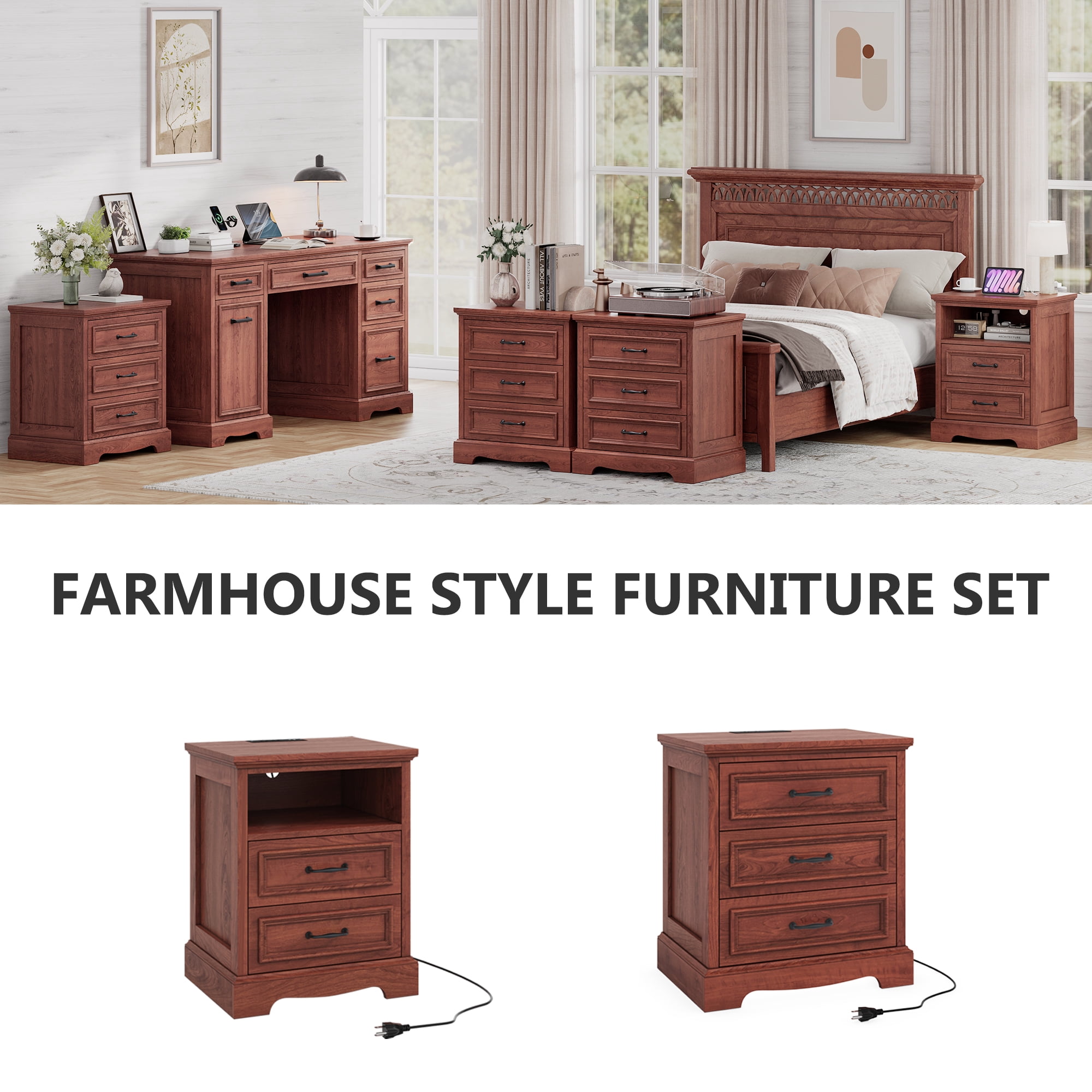 Farmhouse Nightstand Set of 2 with Charging Station, 3 Drawers Bedside Table for Bedroom for Adults, Cherry Brown
