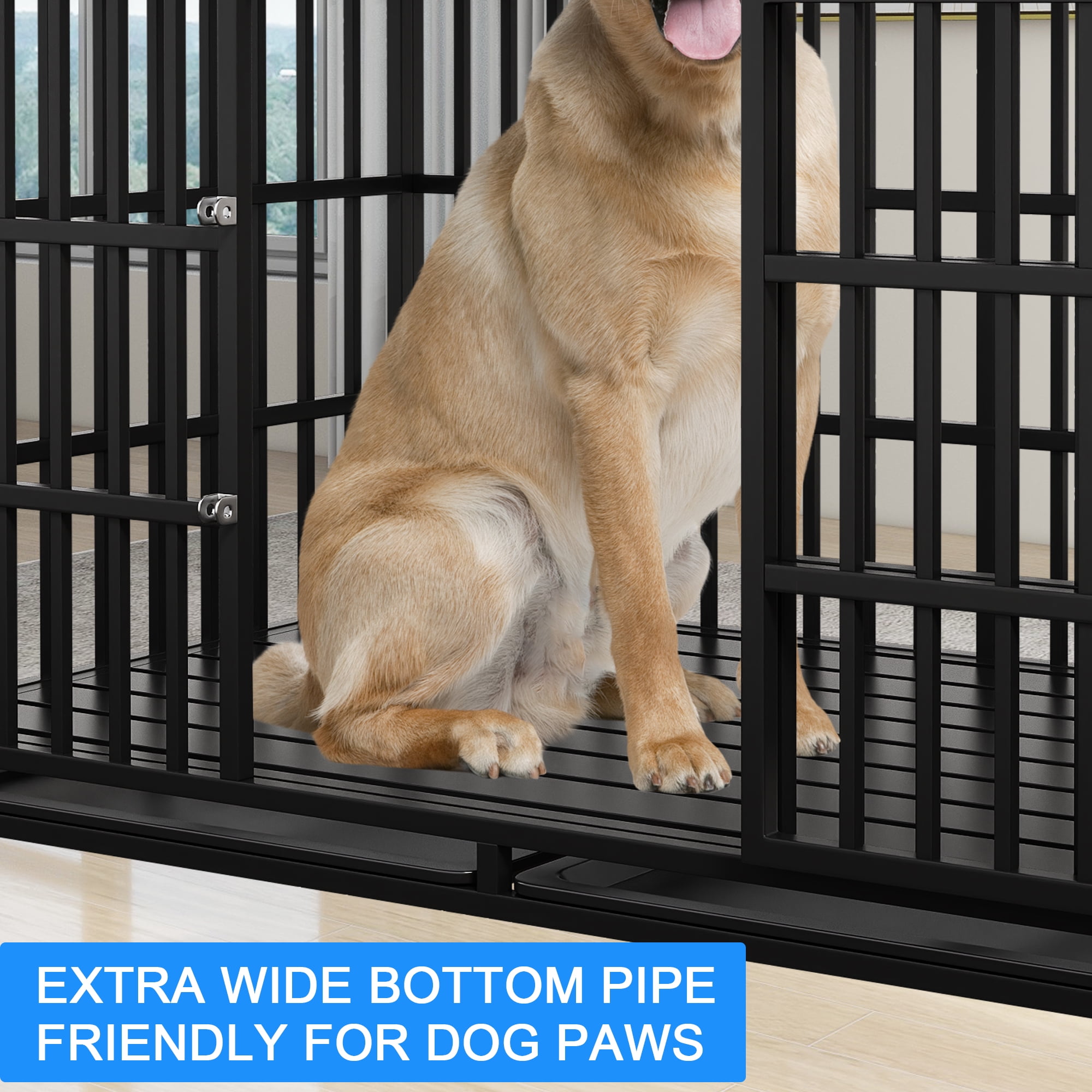 Heavy Duty Dog Crate 54 inch with Mat Indestructible Pet Dog Cage Crate Kennel with Roof Top 2 Doors Removable Trays, Lockable Wheels Escape-Proof for High Anxiety Large /Extra Large Dogs