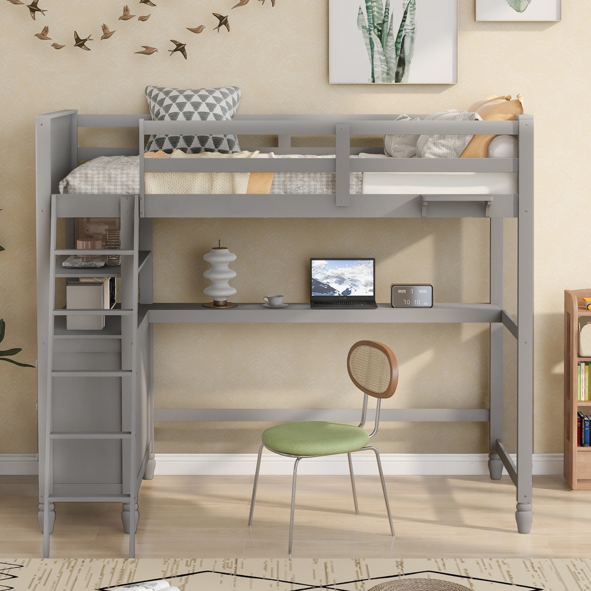 Pine Wood Twin Size Loft Bed with Desk and Shelves, Builtin Drawers