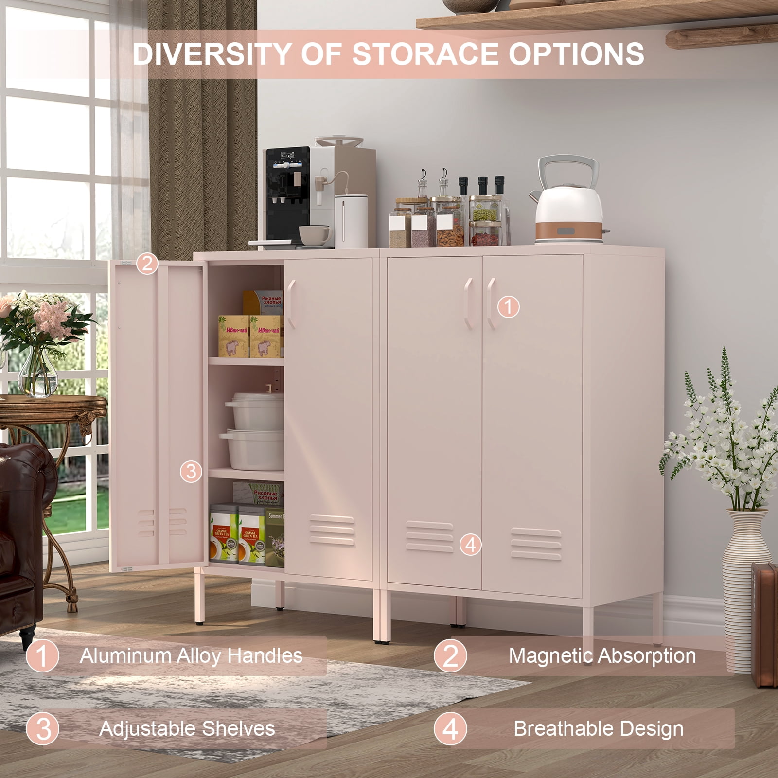 Marcree Metal Storage Cabinet, 2 Doors Accent Cabinet, Sideboard Cabinet with Adjustable Shelves, Morden Locker Cabinets with Feet for Living Room, Kitchen Pantry, Office, Pink