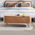 thumbnail image 3 of Storage Ottoman Bench, End of Bed Faux Fur Bench with Gold Legs for Living Room, Mid-Century Modern Upholstered Bench with Storagefor Bedroom, Camel, 3 of 8