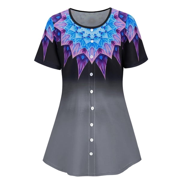 Botón simulado de talla grande OMBRE FLOR FLOWS MANERA CORTA TEE Rosegal Camisetas tallas grandes