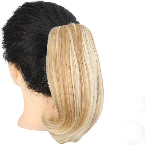 Extensión de coleta rubia de 25 cm con clip, cabello sintético liso con mezcla natural y aumento de volumen.