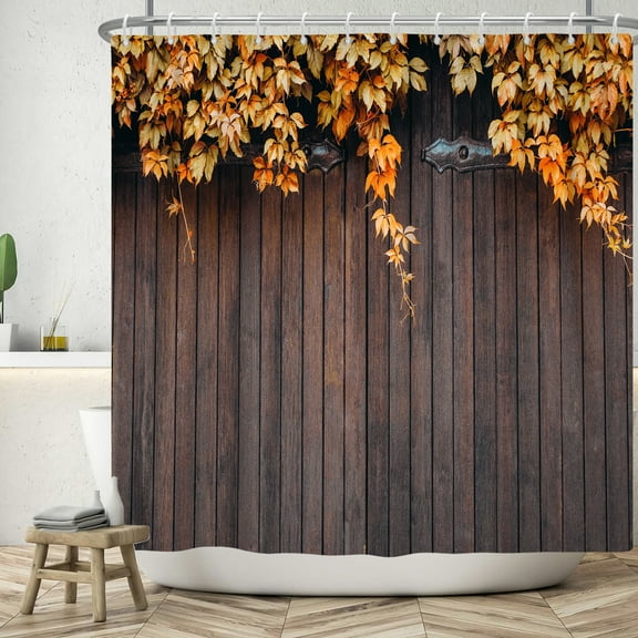 SUNOLIFE Fall Leaves Shower Curtain Brown Wood Board Waterproof Fabric Bathroom Curtain 72x78 in