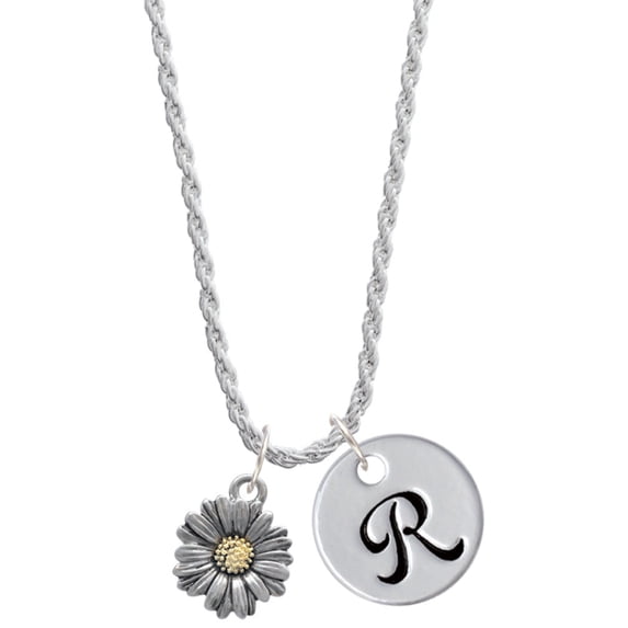 Delight Jewelry Two-tone Daisy Flower Silvertone Script Initial Disc - R - Charm Necklace, 20"+3"