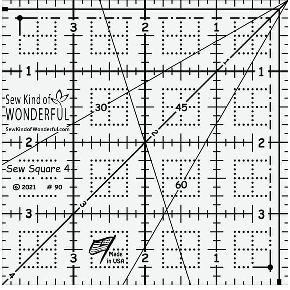 A fantastic square-up ruler-Sew Square 4" clear marks Sew Kind of Wonderful.