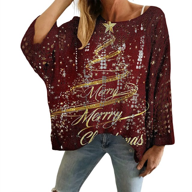 Chandails d'Automne d'Hiver Grande Taille pour Femmes Chandails de Noël pour Femmes 2025 Col Rond Vacances d'Hiver Mignons Pulls Vin m