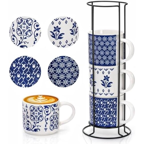 4 Pack Ceramic Coffee Mug Set with Rack, 16 OZ Stackable Cappuccino Cups with Metal Stand, Blue and White Porcelain Tea Mugs for Latte, Americano, Milk, Hot Cocoa, Beverages, Microwave Safe$$