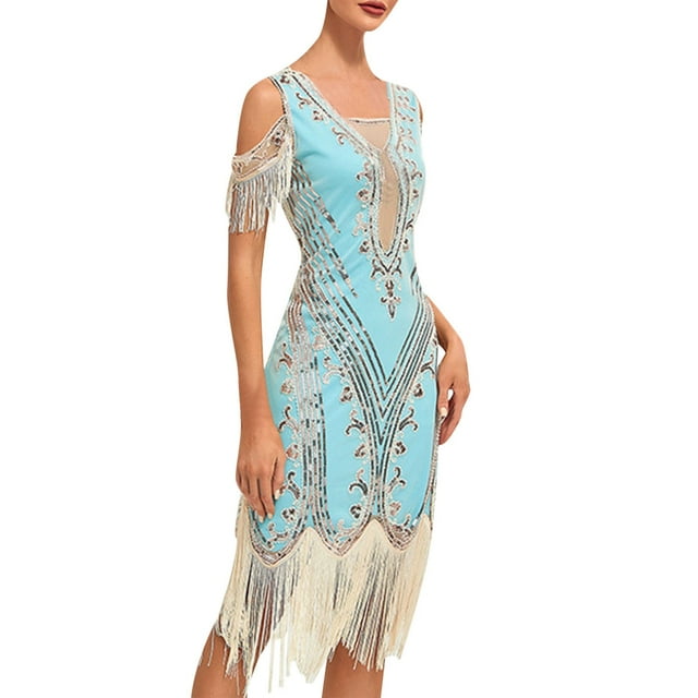 Kcodviy Robe Formelle Style Flapper Longueur Genou des Années 1920 pour Femmes Grandes, Robe de Fête Ourlet à Franges, Robe pour Tenue de Fête, Robes de Cocktail à Paillettes avec Longues Robes de Mariage pour Invitées, Ensemble d'Accessoires Années 20