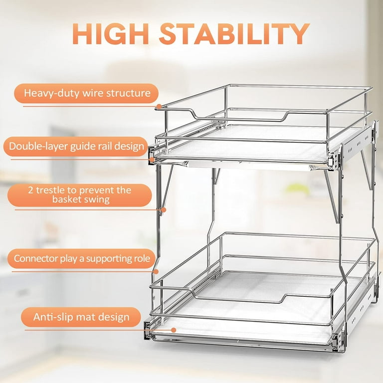 Deinyi 2 Tier Under Sink Organizers and Storage Cabinets - 2 Pack Stainless Steel Pull Out Cabinet Organizers - Standard Size Storage Rack 
